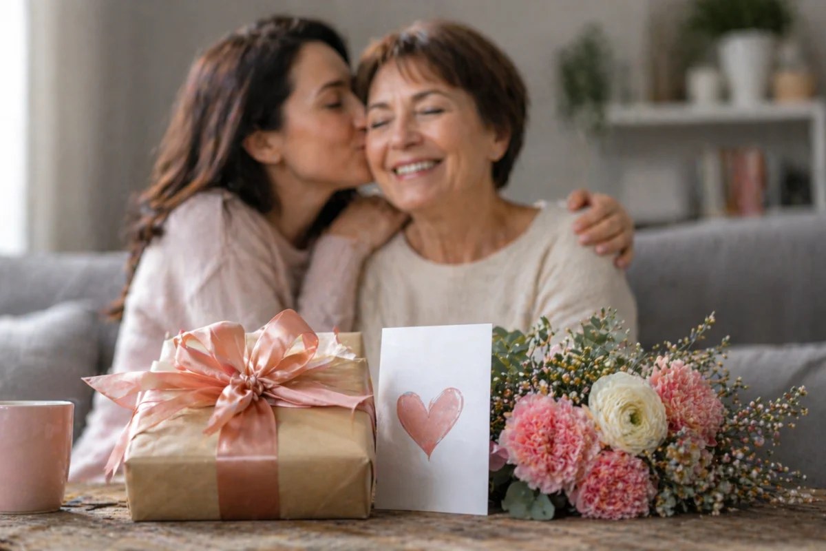 Cadeau de Fête des Mères emballé avec un ruban, posé près d'un bouquet de fleurs