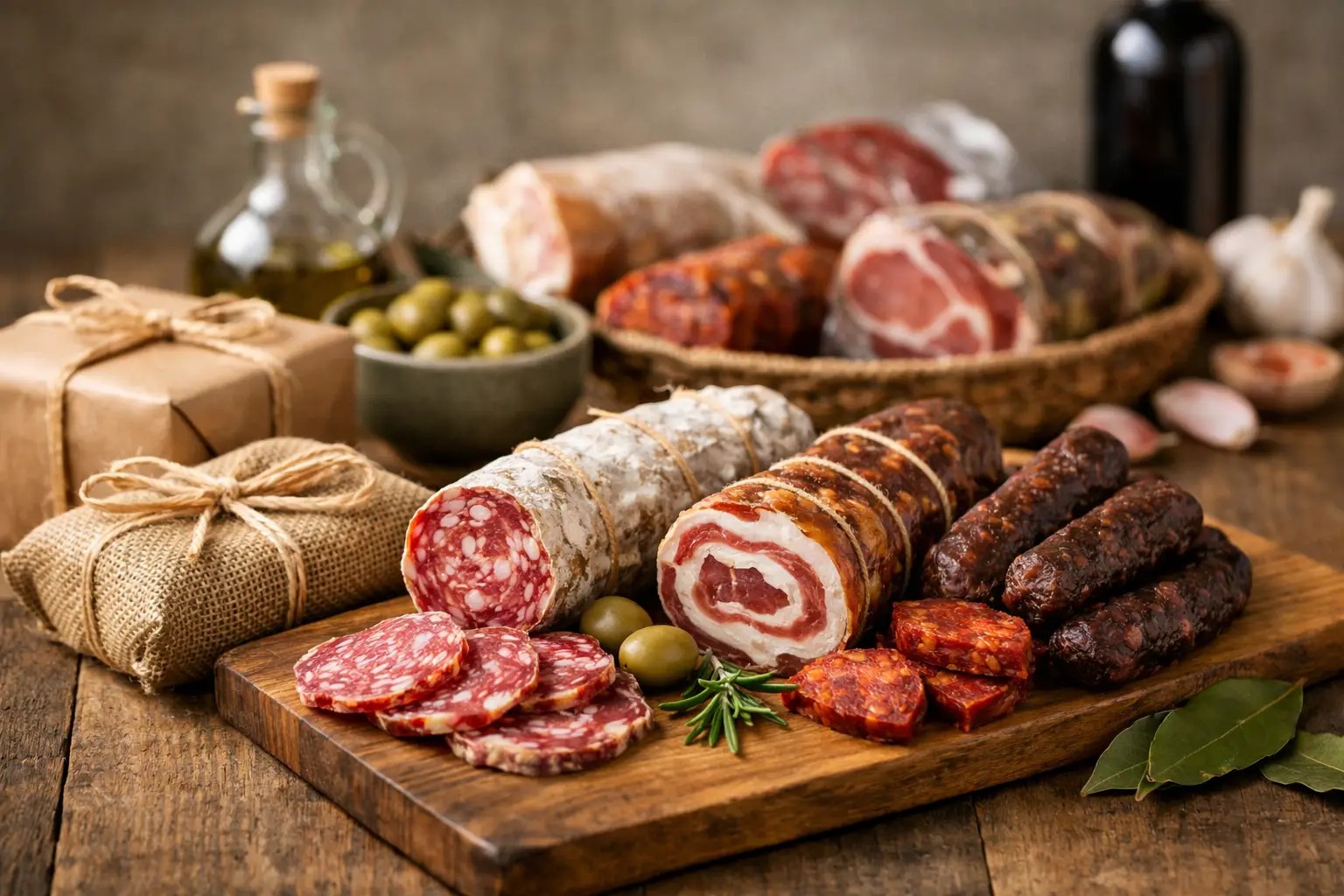 Plateau de charcuterie avec jambon, saucisson, pâté et cornichons