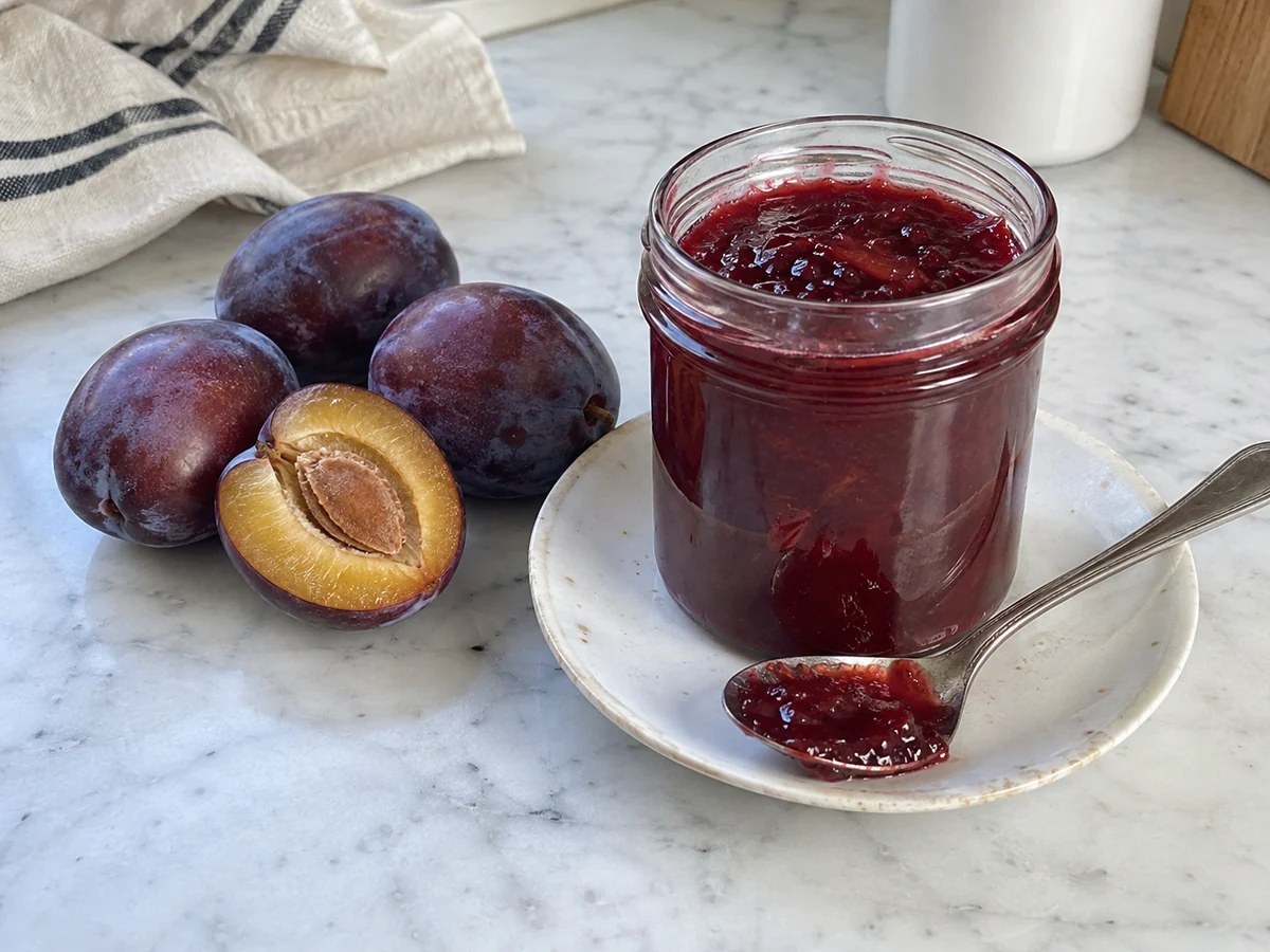 Bocaux de confiture de prunes maison en train de refroidir sur un plan de travail