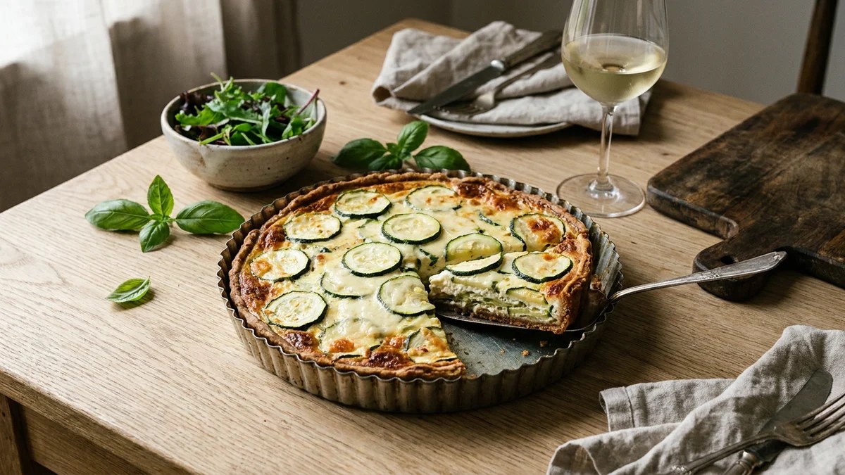 Tarte aux courgettes dorée, découpée en parts sur un plat de service