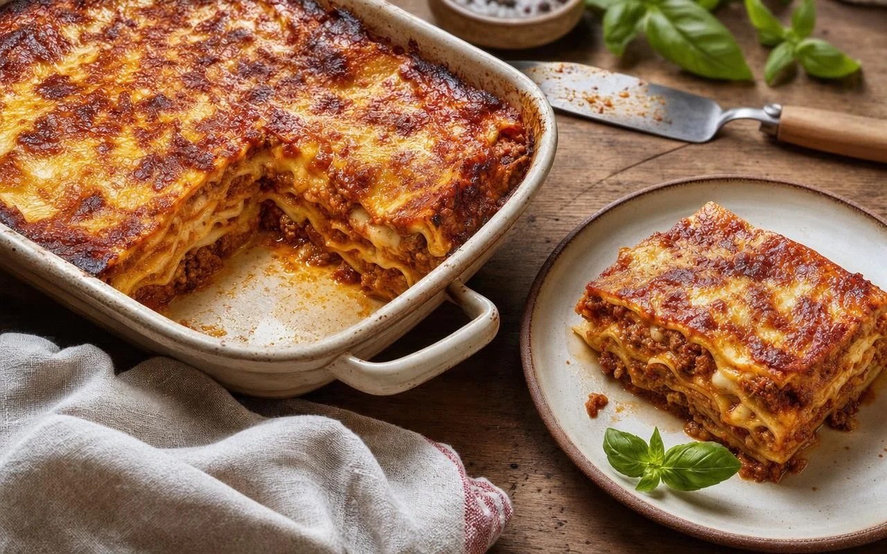 Plat de lasagne maison à la bolognaise, doré et découpé en parts