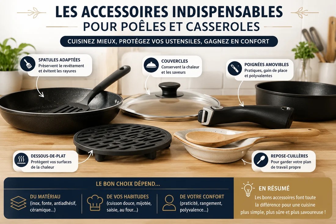Ustensiles de cuisine essentiels posés sur un plan de travail en bois