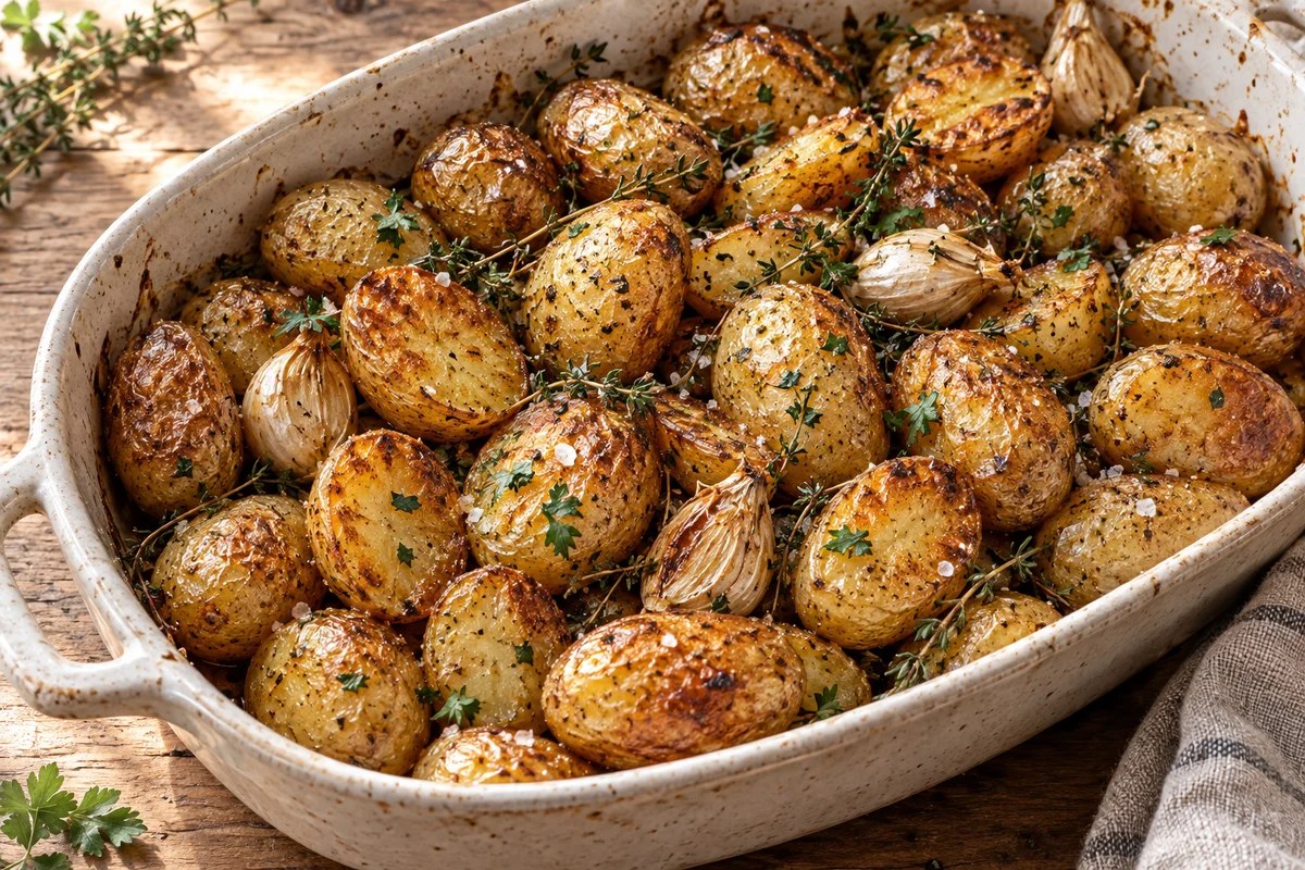 Pommes de terre grenaille rissolées dorées dans une poêle avec ail en chemise et thym